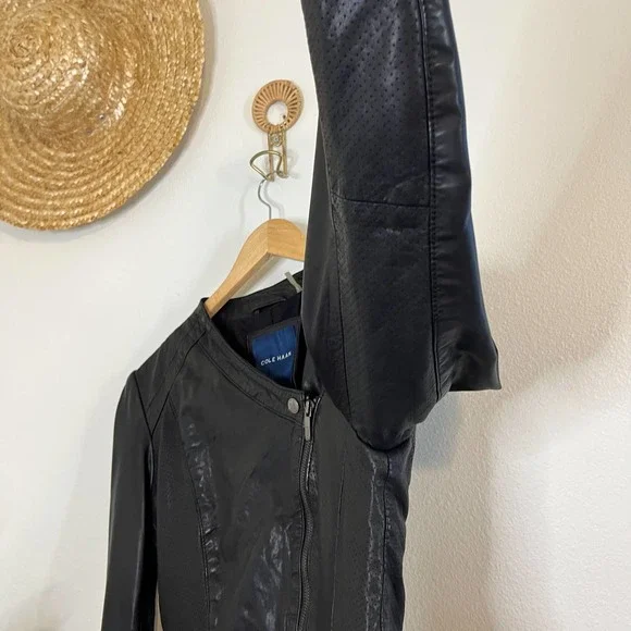 Cole Haan Leather Moto Jacket in Black Size Small